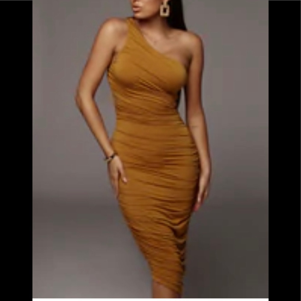 Mustard One Shoulder Ruched Dress